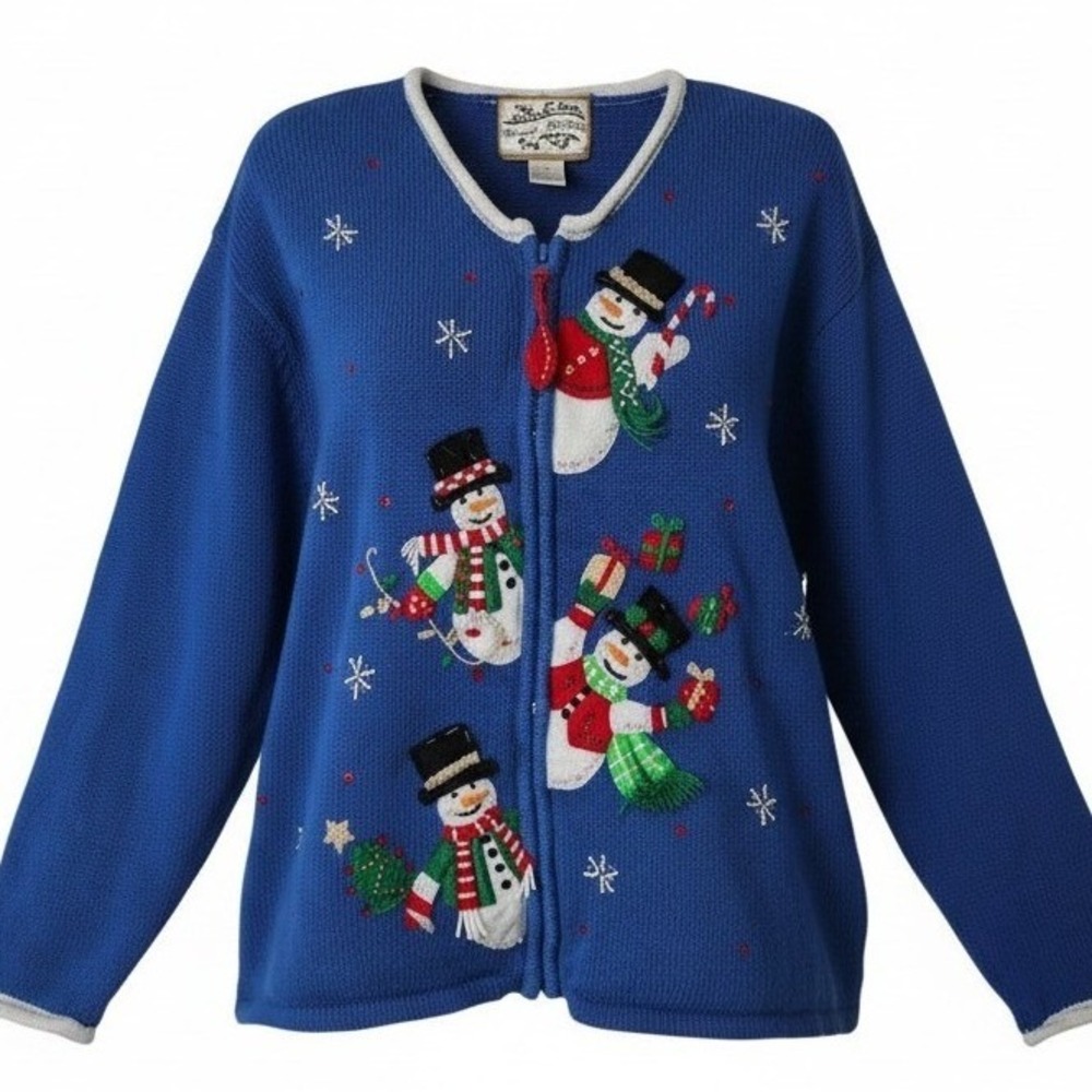 Vintage Y2K Heirloom Christmas Snowman Cardigan Womens XL Blue Full Zip Sweater